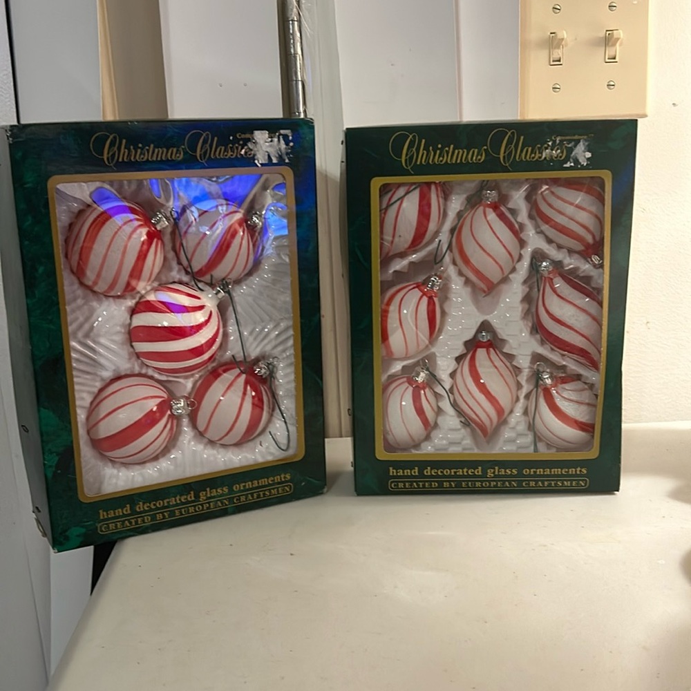 2 Boxes (13) Handcrafted Glass Peppermint Swirl Ornaments by European Craftsmen